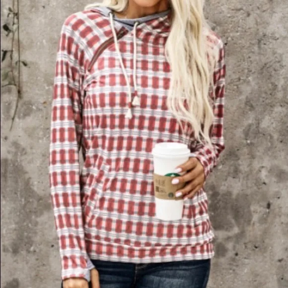 Red Plaid Cowl Neck Hoodie - Picture 2 of 6